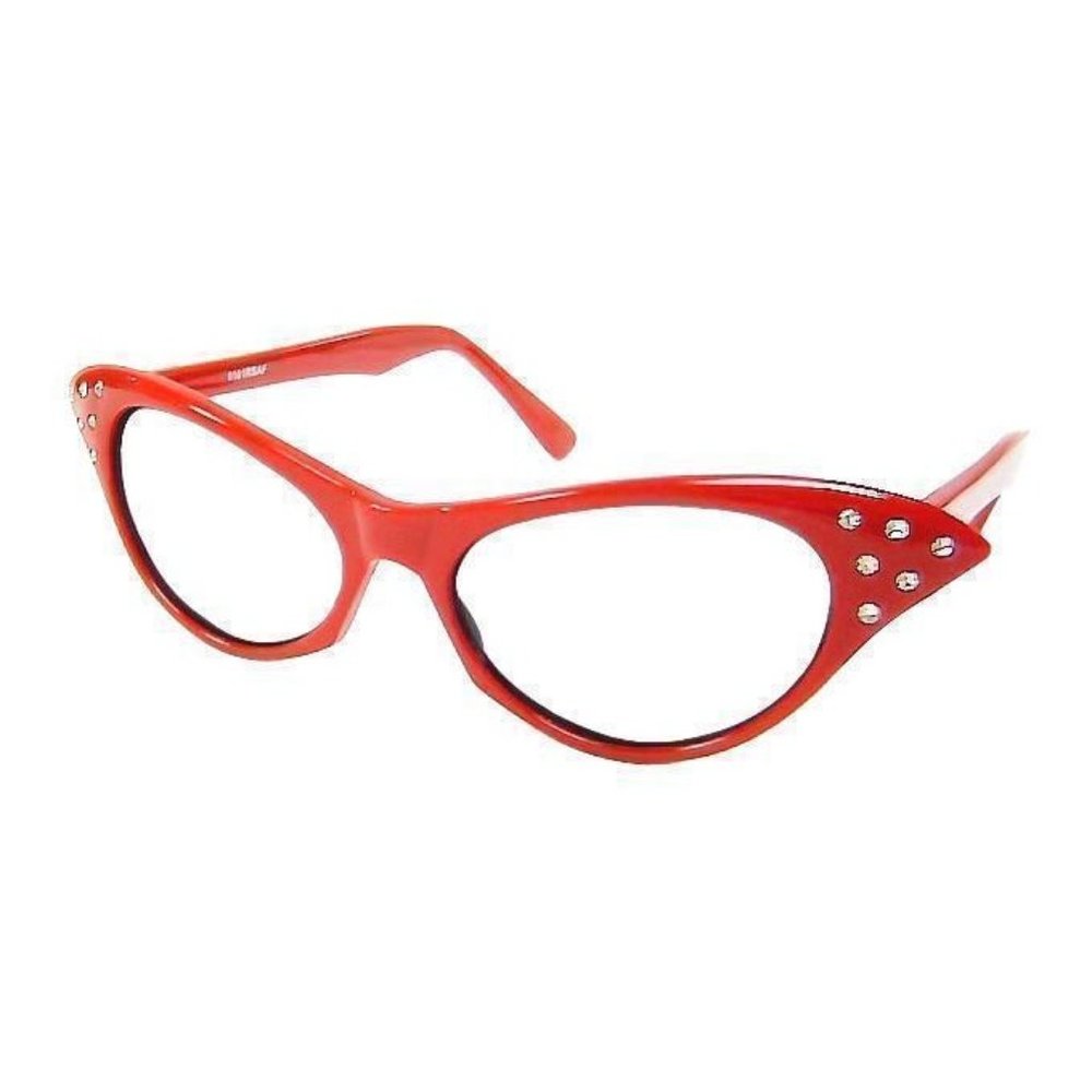 Miss Monroe Red Frame Clear Cat-Eye Glasses with Rhinestones on the Side